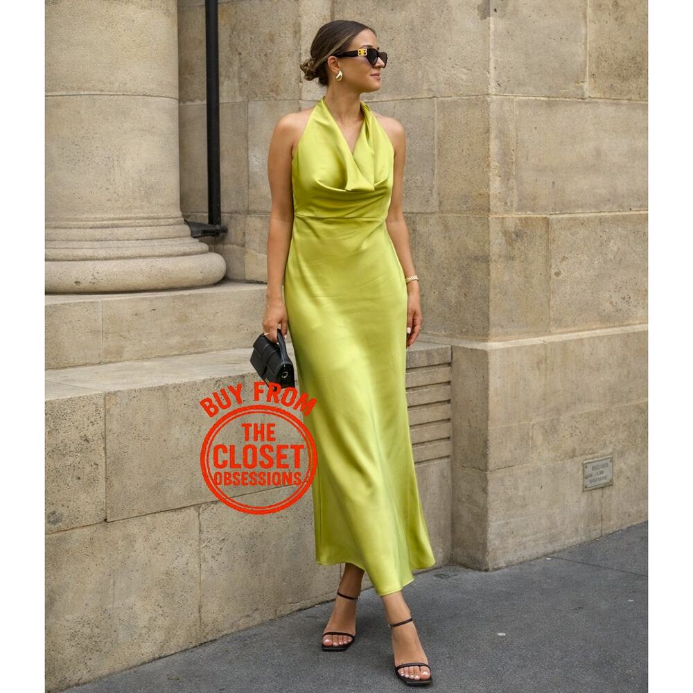 MANGO Green Open Back Satin Midi Dress NWT Cowl Neck Wedding Guest - Picture 2 of 16